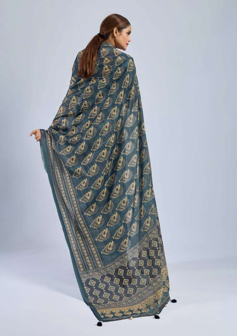 Green Sequin Work Chiffon Saree Set - Indya