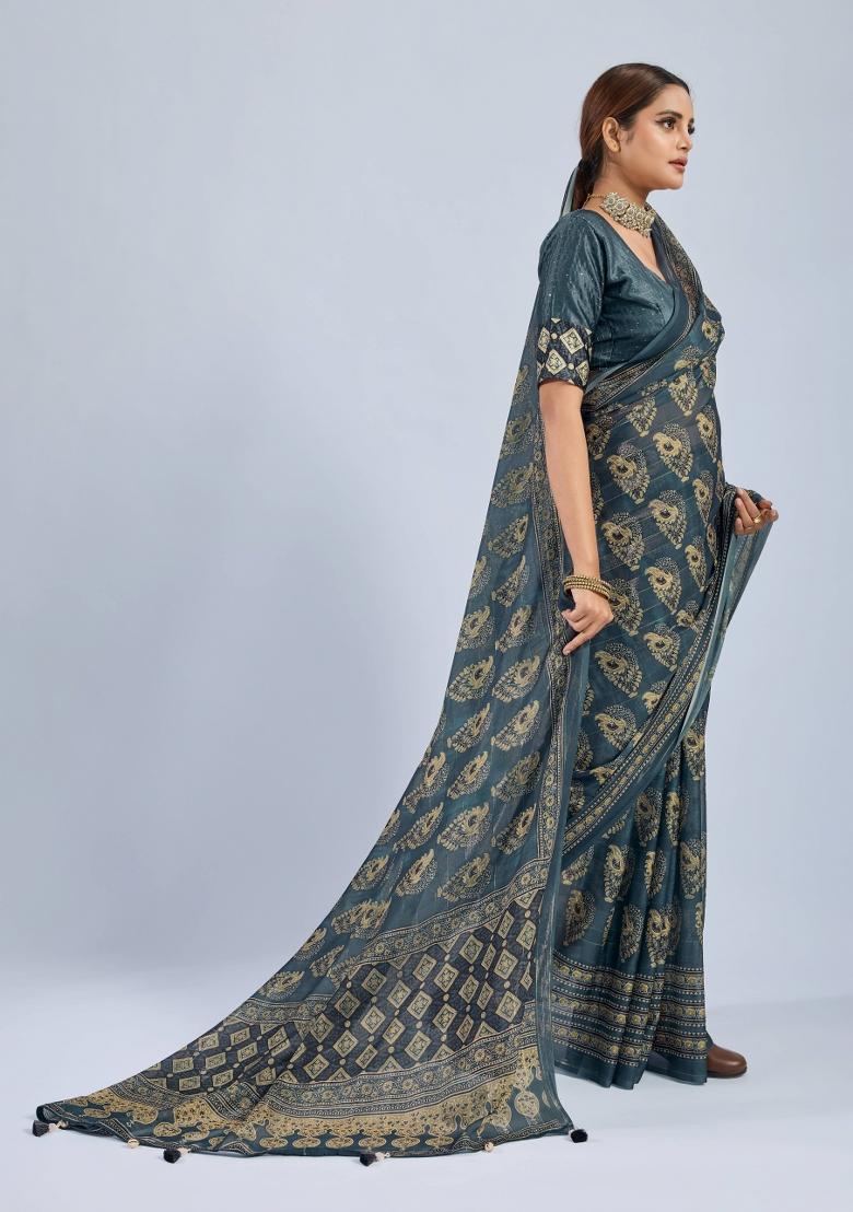 Green Sequin Work Chiffon Saree Set - Indya