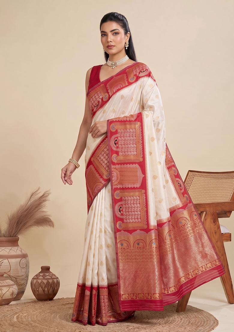 Off White Zari Work Silk Saree Set - Indya