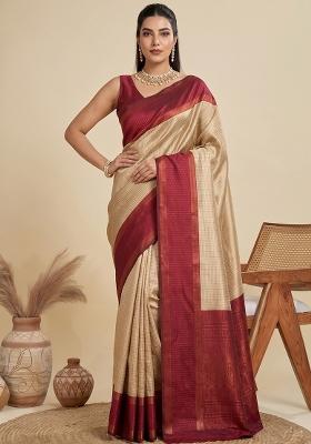 Beige Zari Work Silk Saree Set