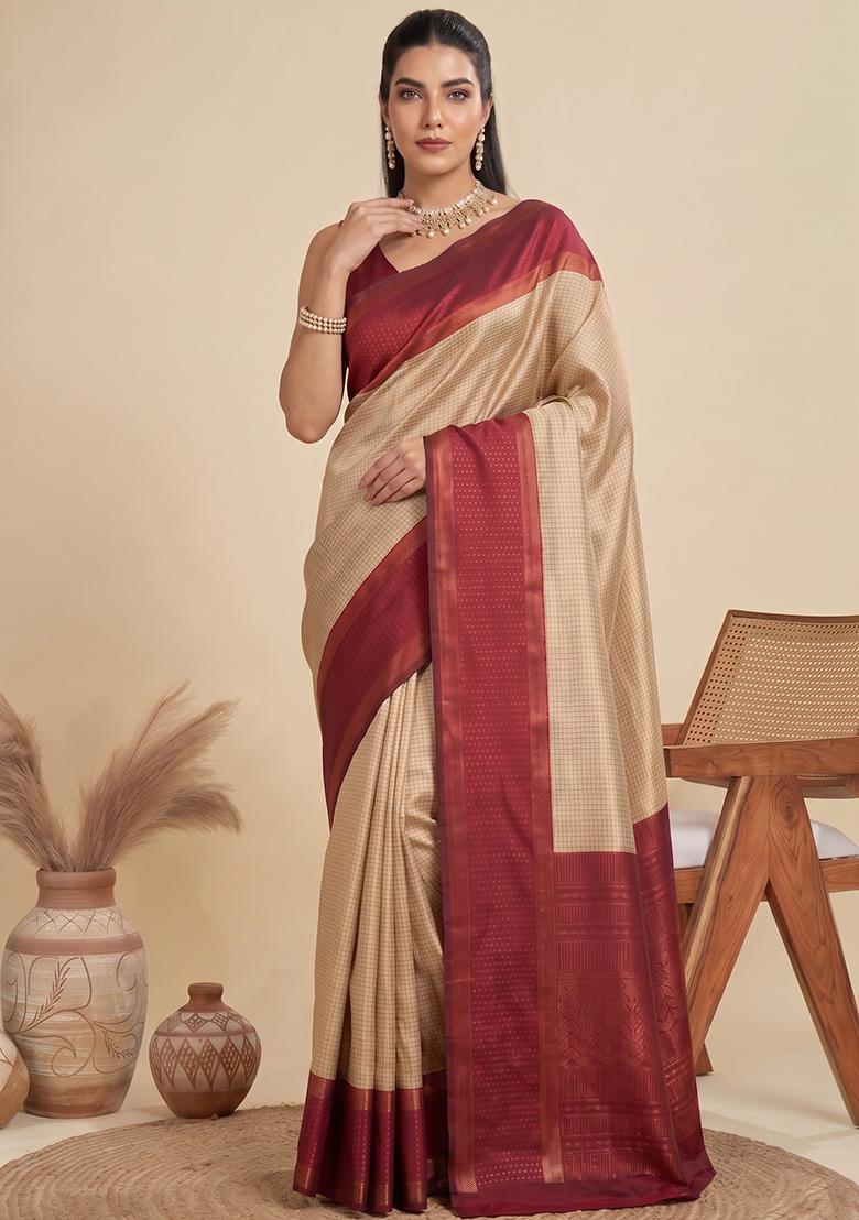 Beige Zari Work Silk Saree Set - Indya