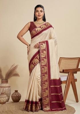 Cream Zari Work Silk Saree Set