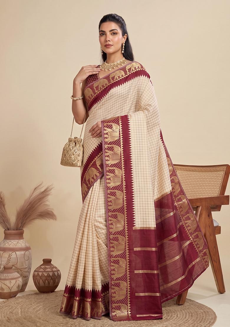 Cream Zari Work Silk Saree Set - Indya