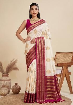 Off White Zari Work Silk Saree Set