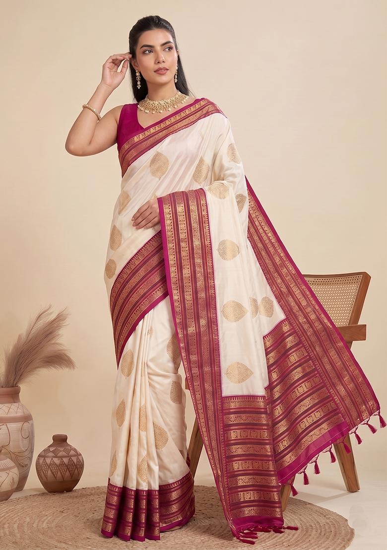 Off White Zari Work Silk Saree Set - Indya