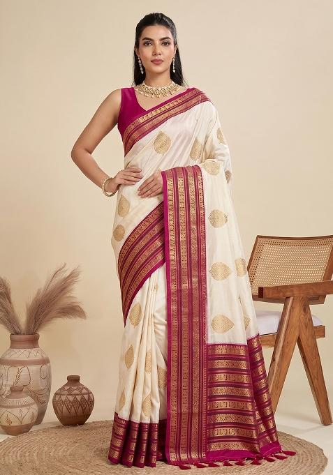 Off White Zari Work Silk Saree Set