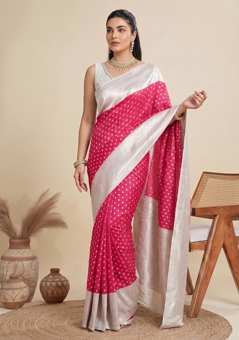 Pink Zari Work Silk Saree Set - Indya