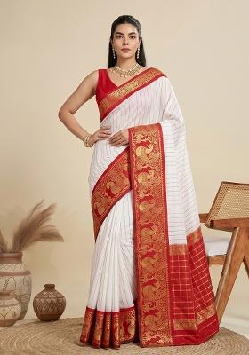 White Zari Work Silk Saree Set