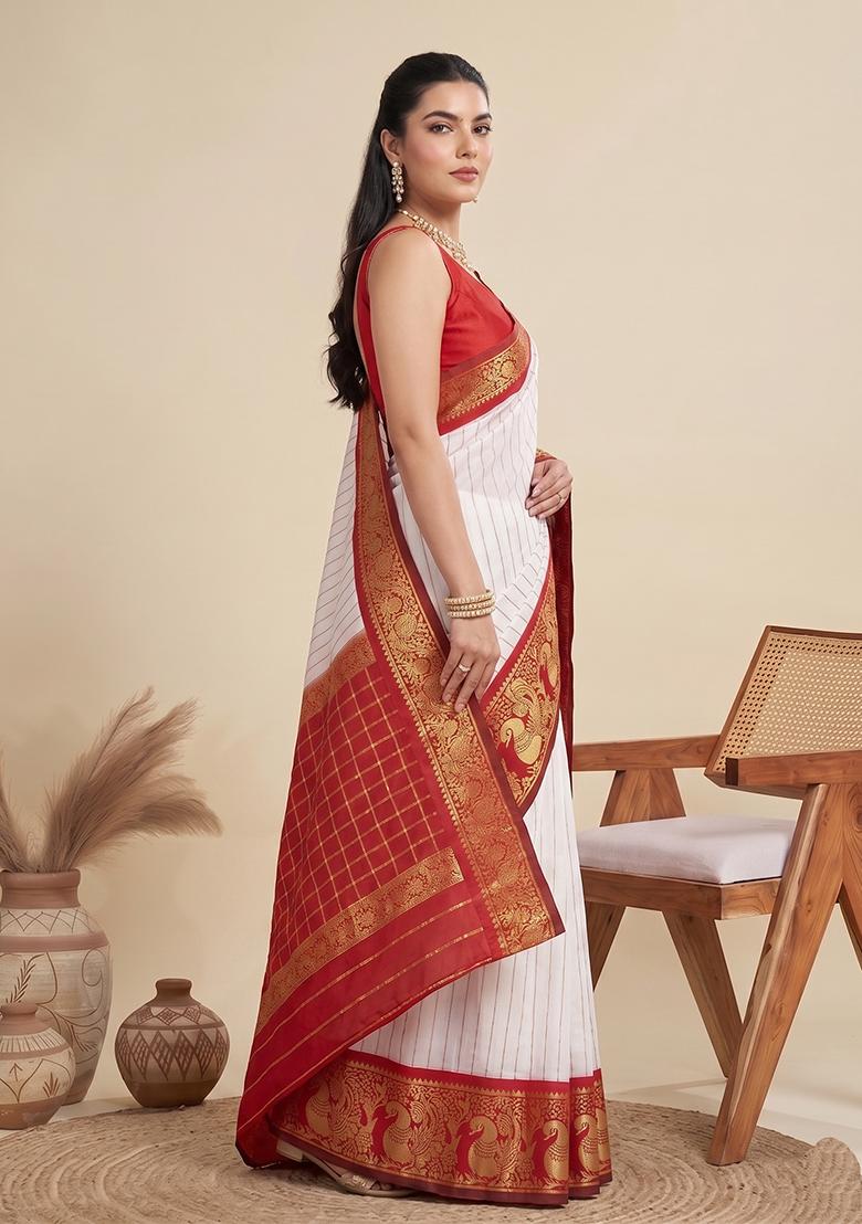 White Zari Work Silk Saree Set - Indya