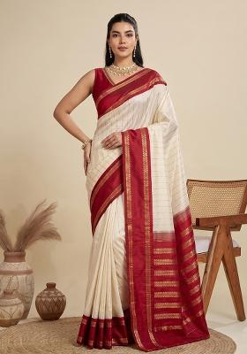 Cream Zari Work Silk Saree Set