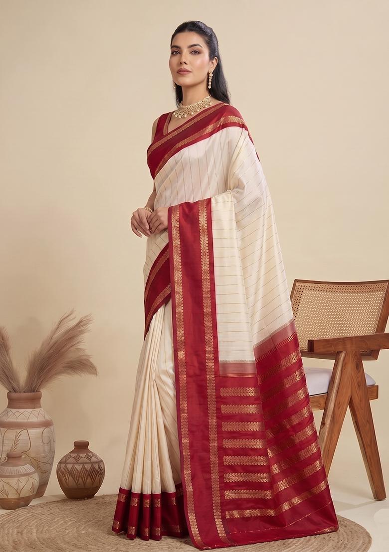 Cream Zari Work Silk Saree Set - Indya