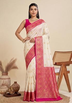 Cream Zari Work Silk Saree Set