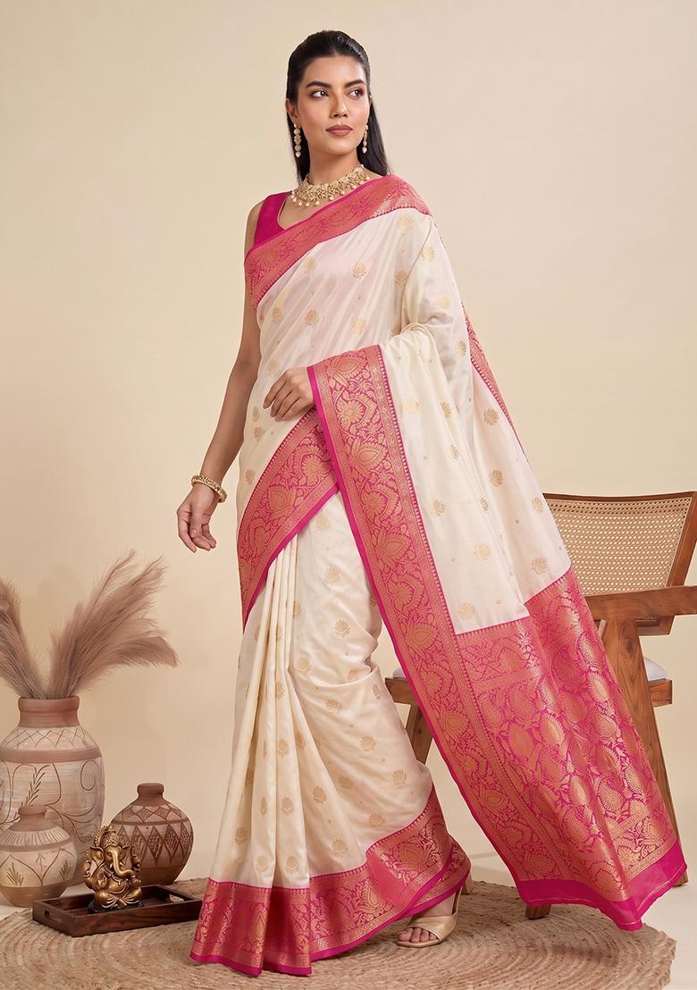 Cream Zari Work Silk Saree Set - Indya