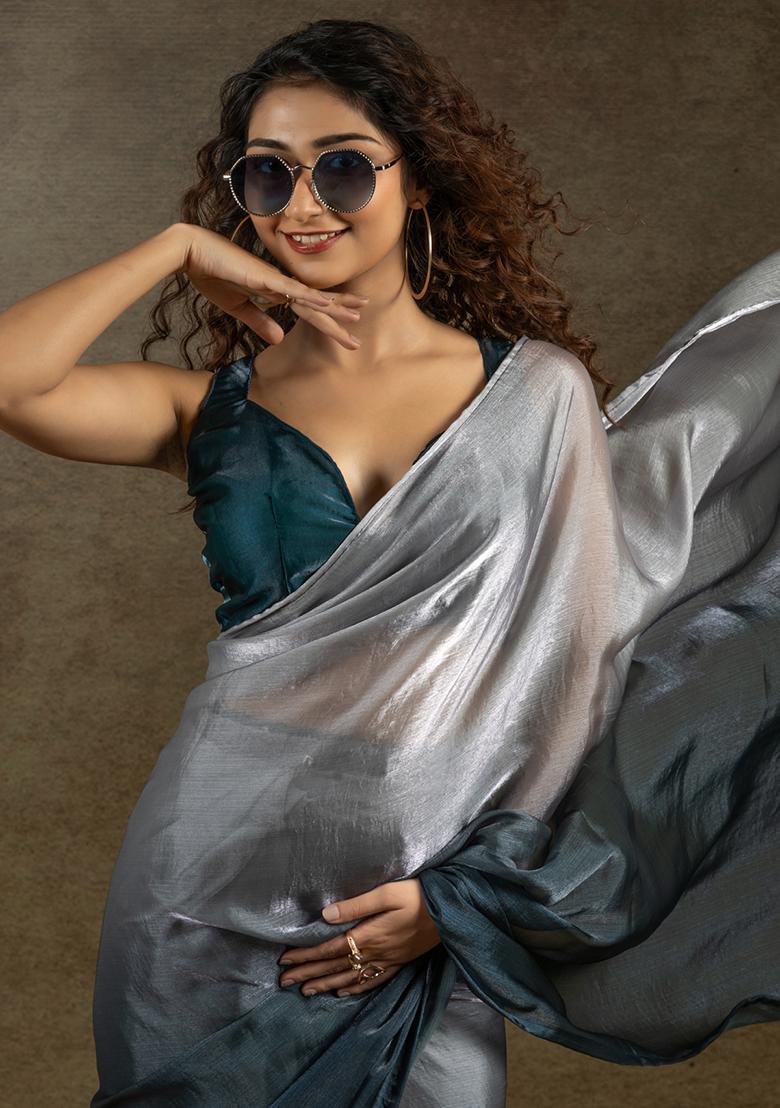 Grey Silk Saree Set - Indya