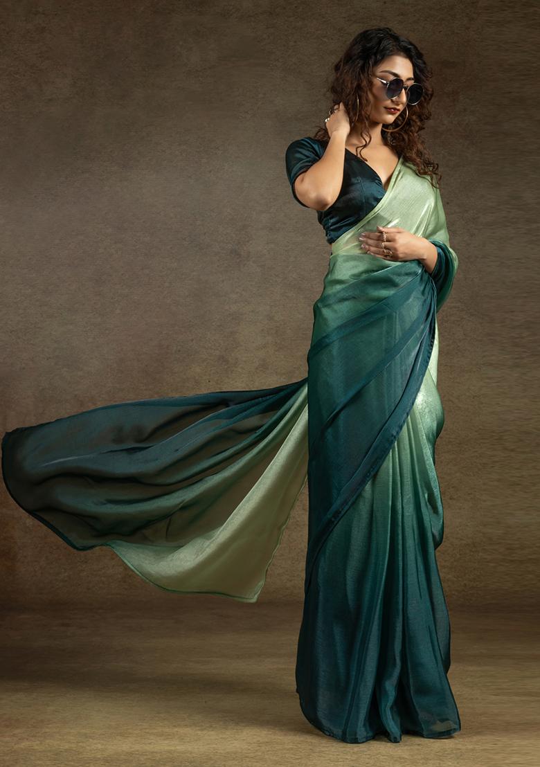 Green Silk Saree Set - Indya