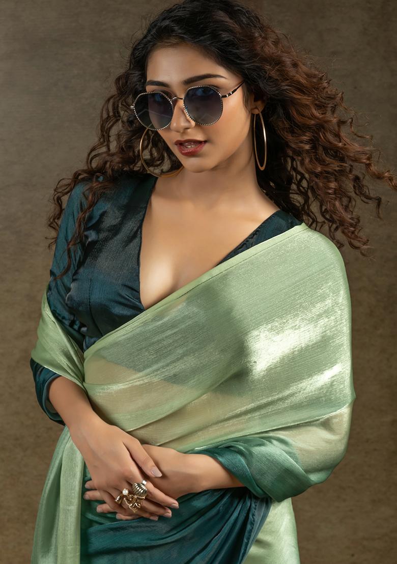Green Silk Saree Set - Indya