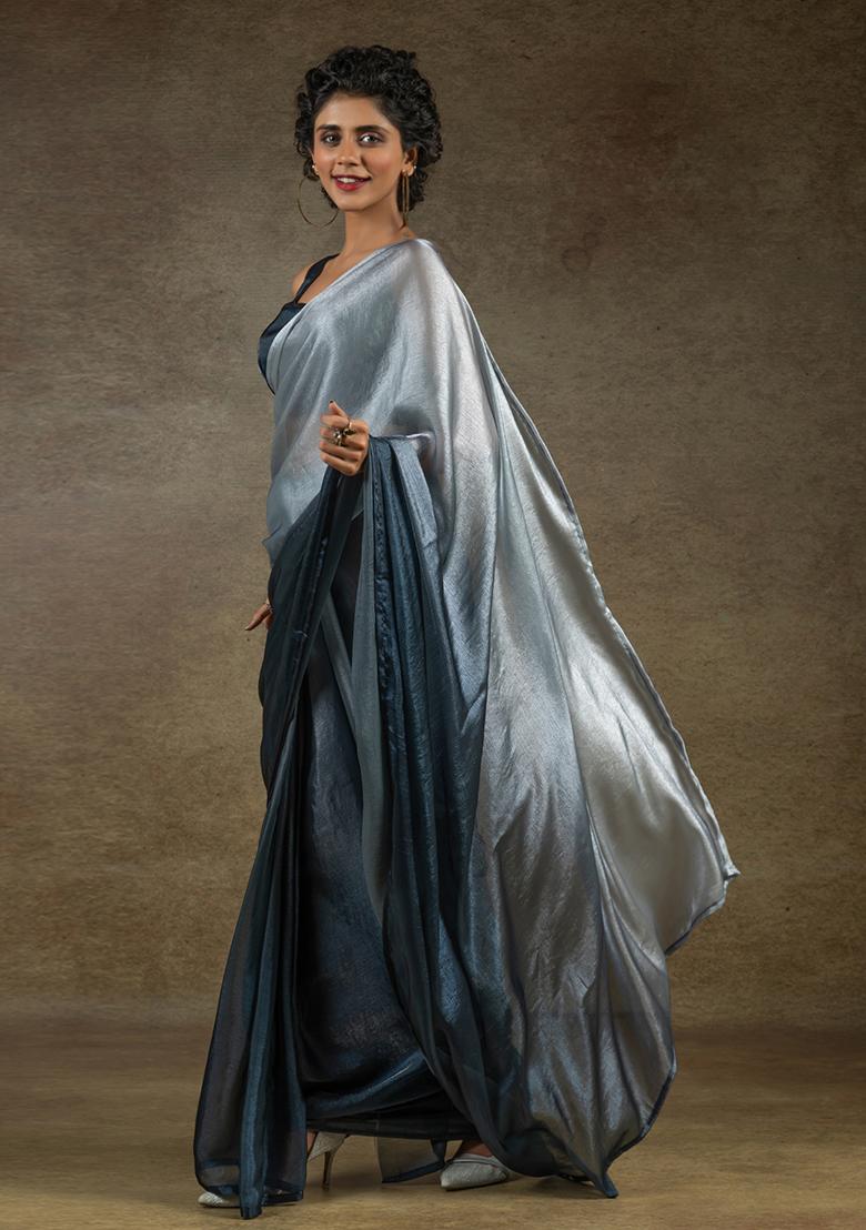Grey Silk Saree Set - Indya