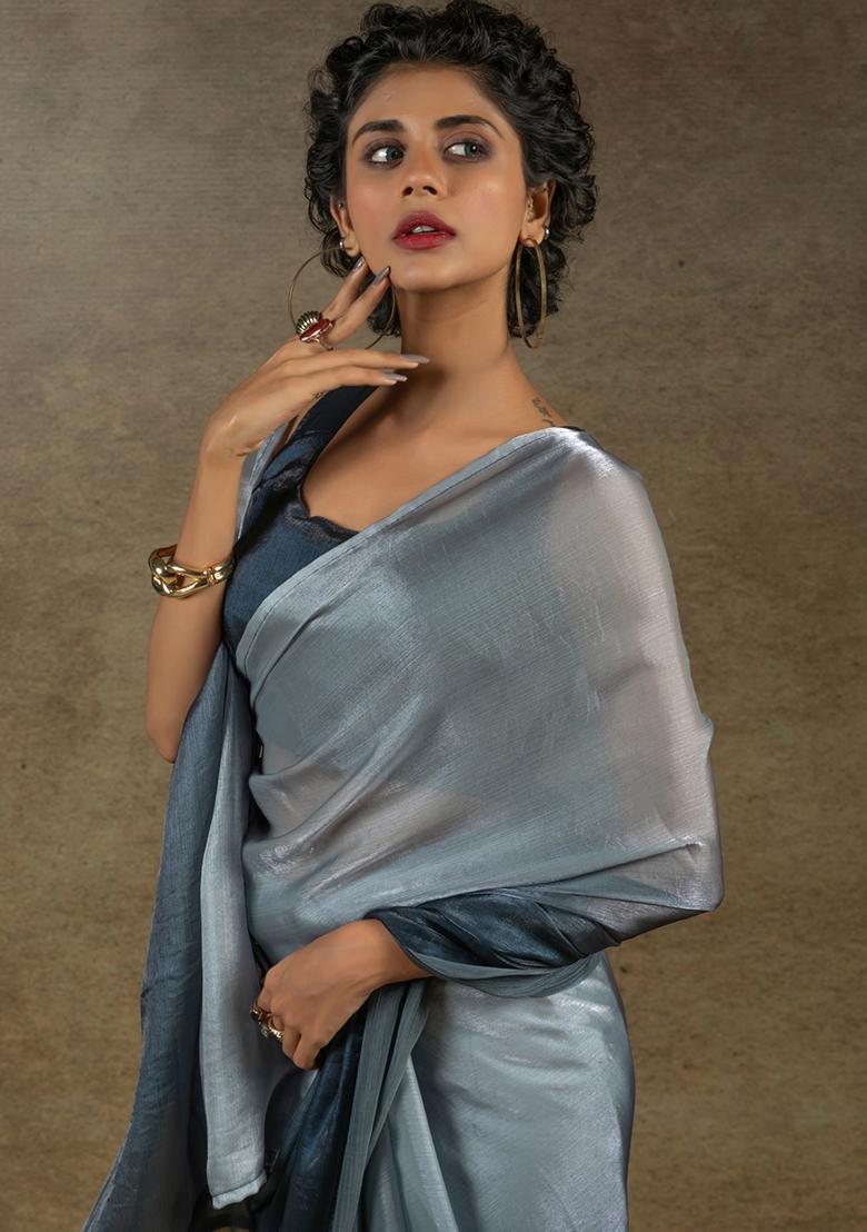 Grey Silk Saree Set - Indya