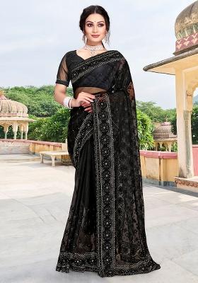 Black Embroidery Net Saree Set