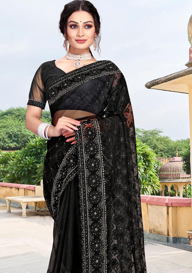 Black Embroidery Net Saree Set - Indya