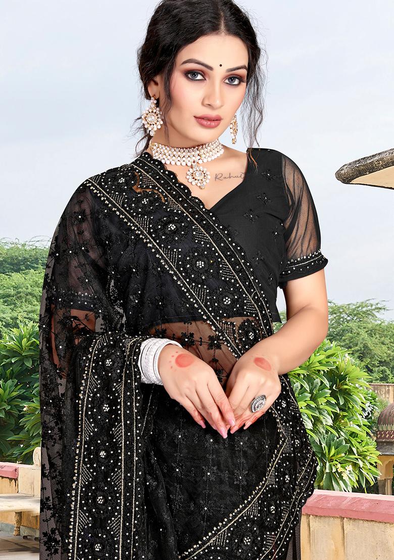 Black Embroidery Net Saree Set - Indya