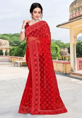 Red Embroidery Net Saree Set