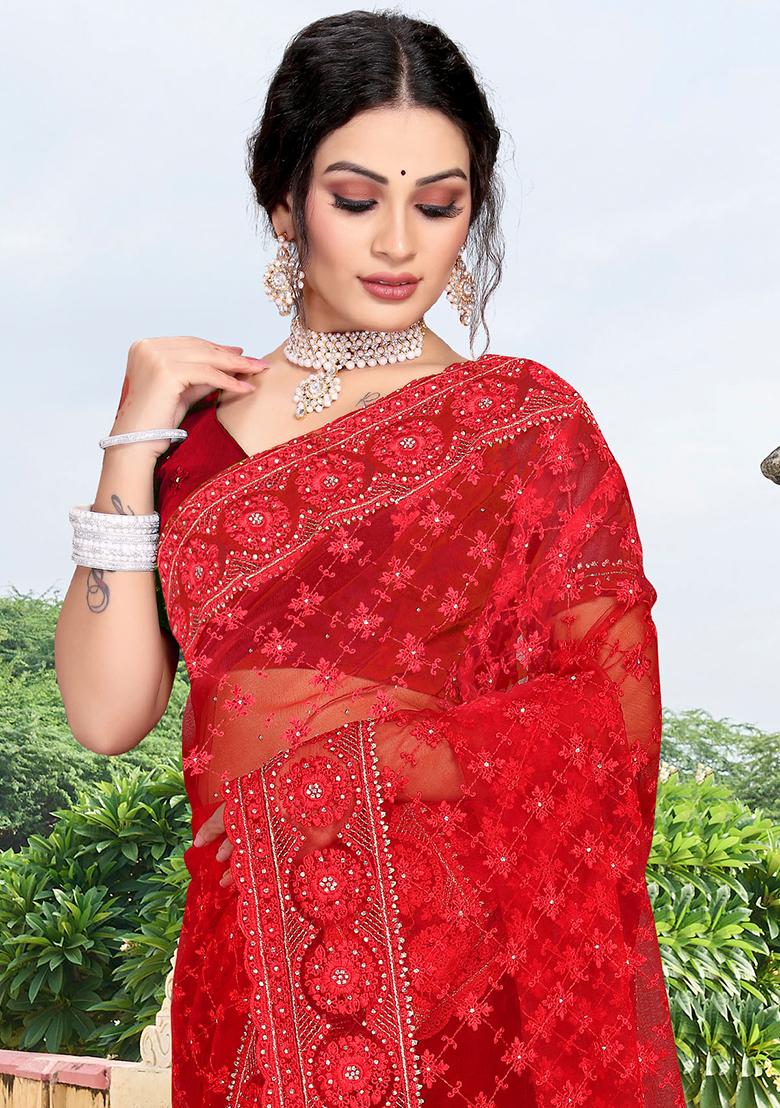 Red Embroidery Net Saree Set - Indya