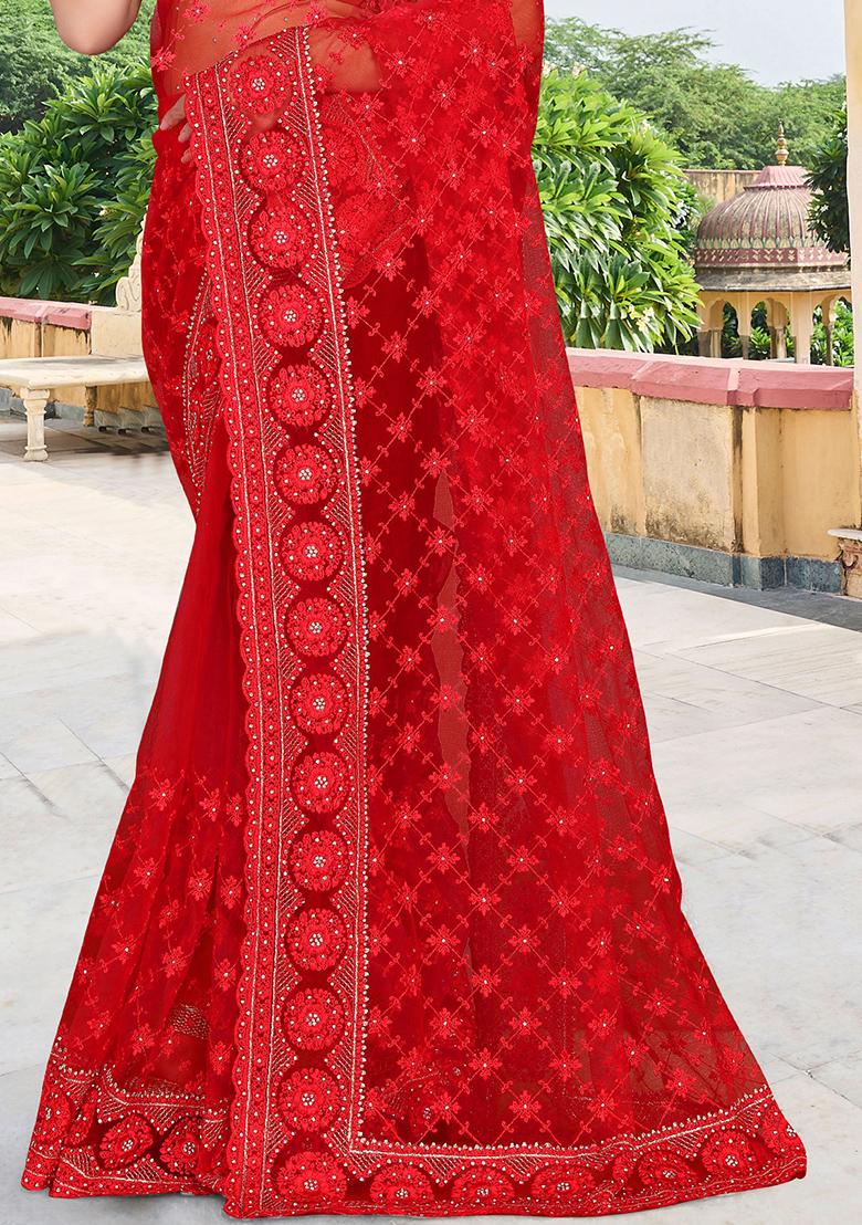 Red Embroidery Net Saree Set - Indya