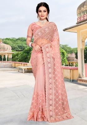 Peach Embroidery Net Saree Set