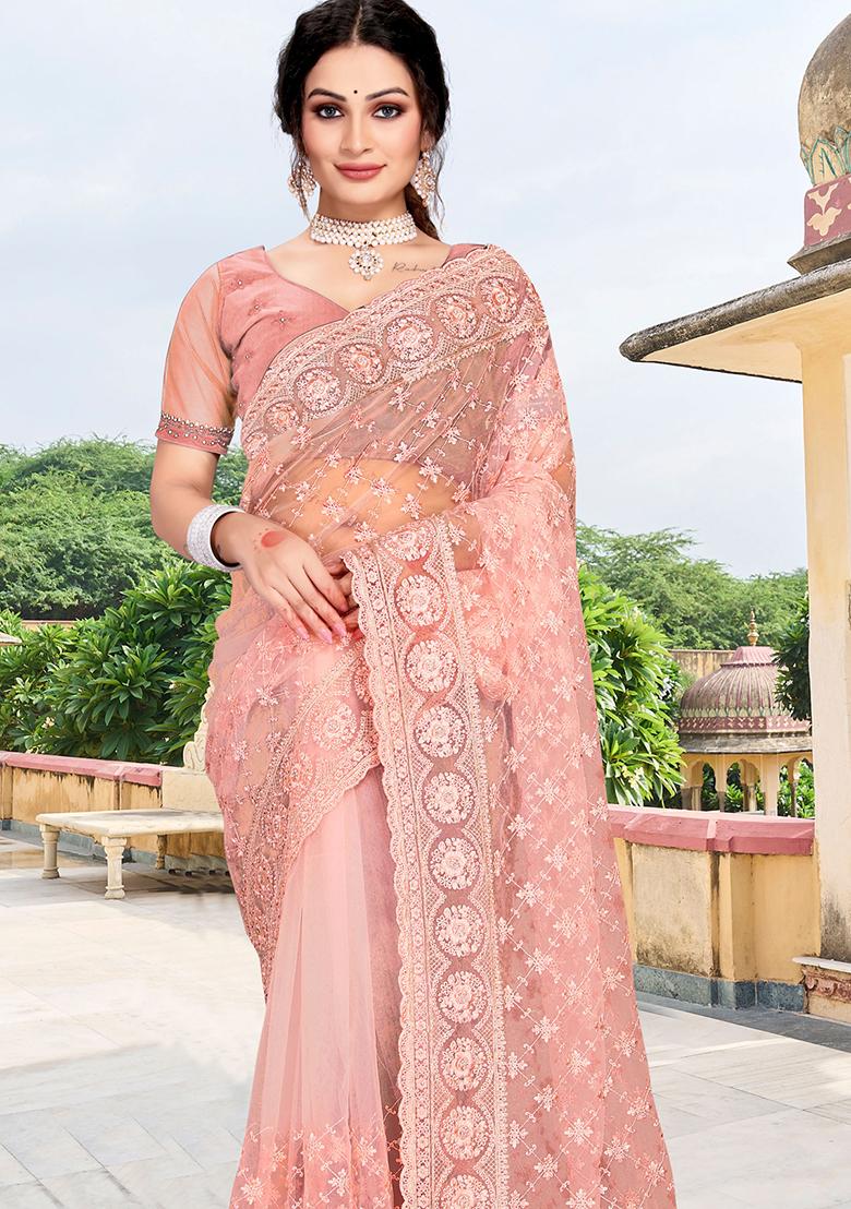 Peach Embroidery Net Saree Set - Indya