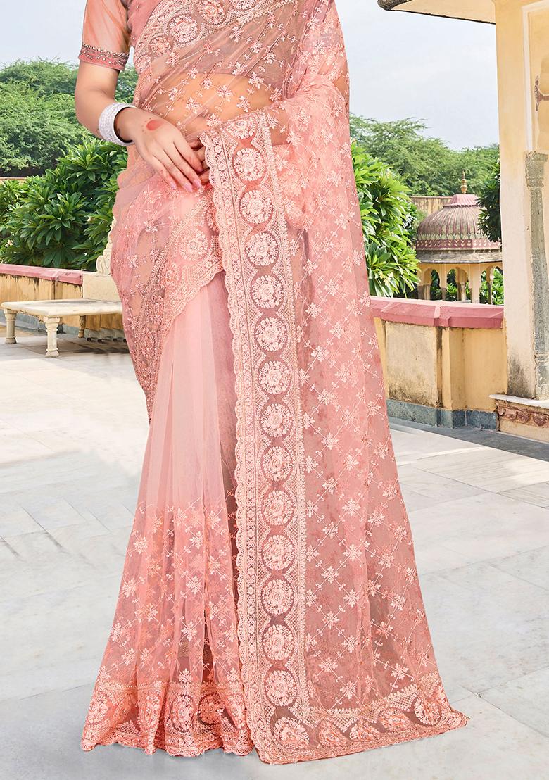 Peach Embroidery Net Saree Set - Indya