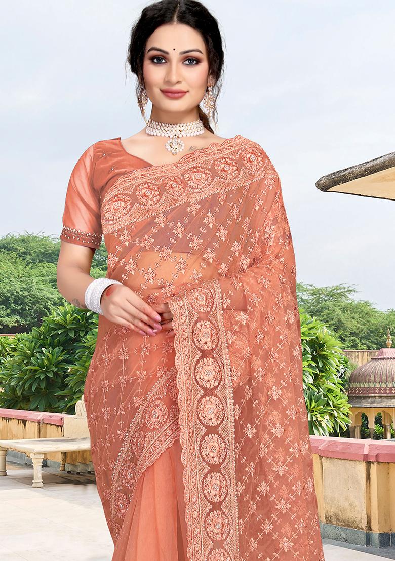 Grey Embroidery Net Saree Set - Indya