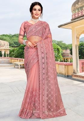 Pink Embroidery Net Saree Set