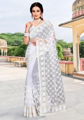 White Embroidery Net Saree Set
