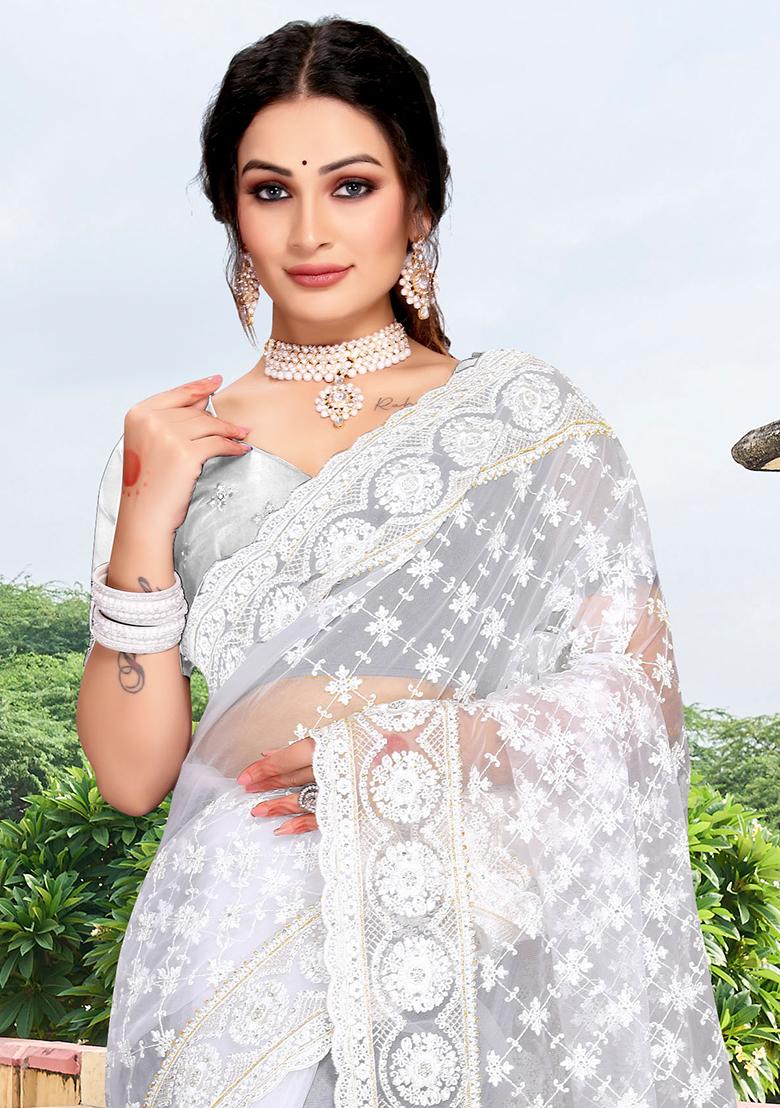 White Embroidery Net Saree Set - Indya