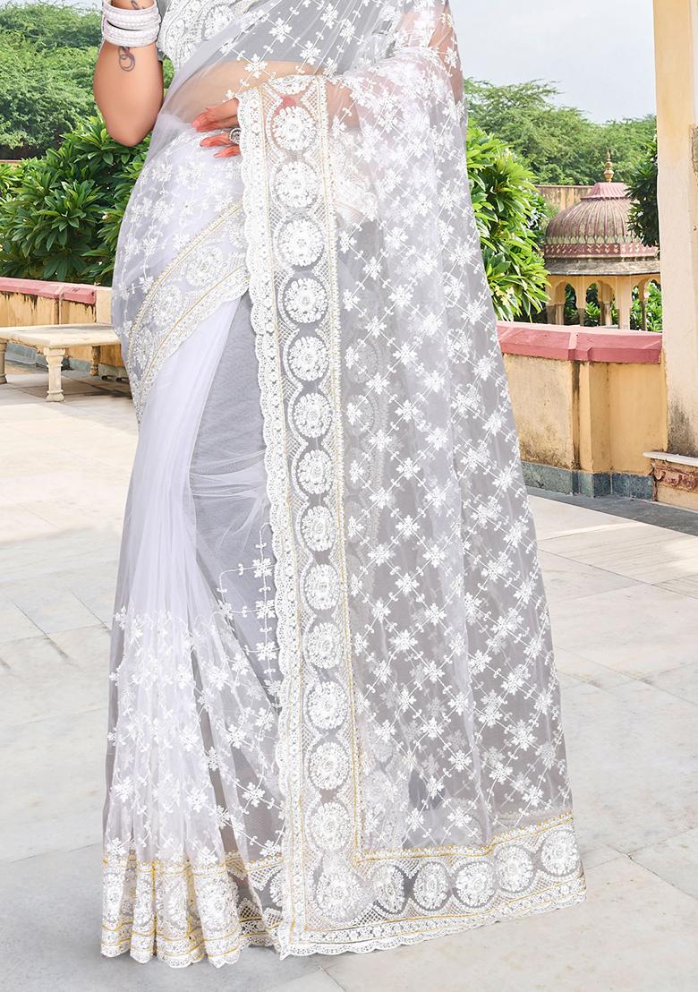 White Embroidery Net Saree Set - Indya