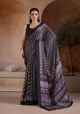 Black Printed Georgette Saree Set