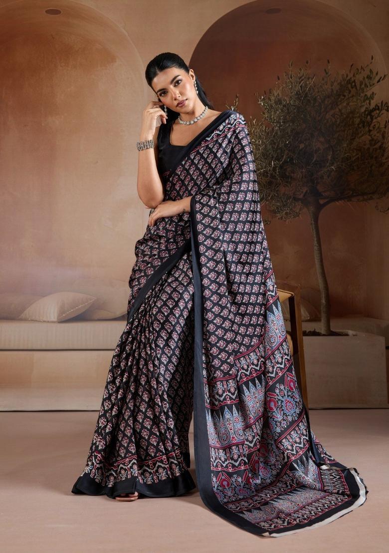 Black Printed Georgette Saree Set - Indya