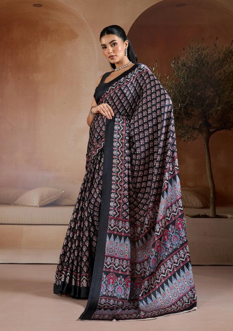 Black Printed Georgette Saree Set - Indya