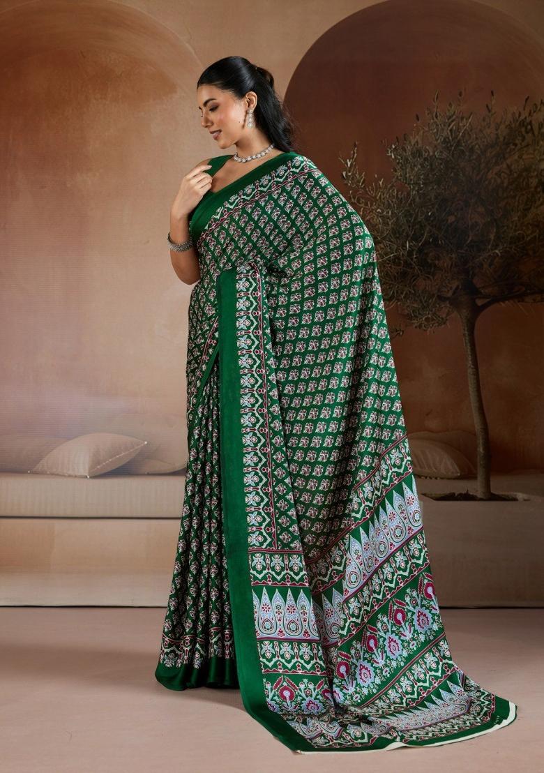 Green Printed Georgette Saree Set - Indya
