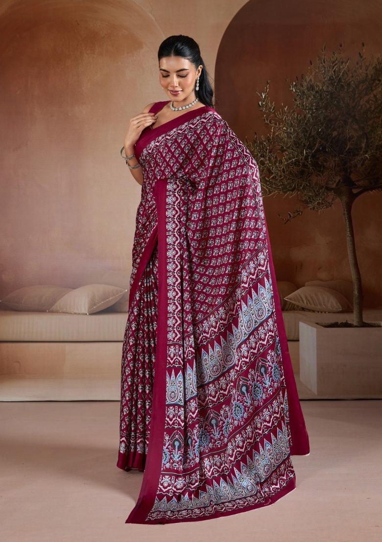 Maroon Printed Georgette Saree Set - Indya