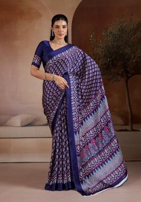 Navy Blue Printed Georgette Saree Set