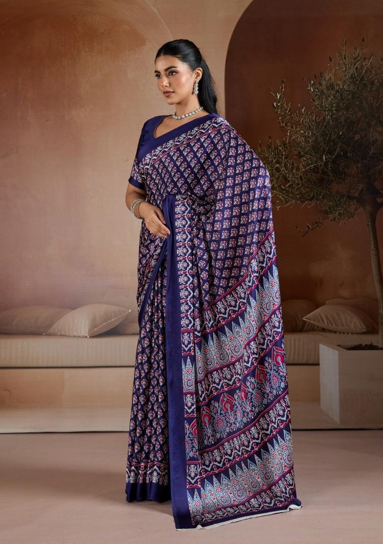 Navy Blue Printed Georgette Saree Set - Indya