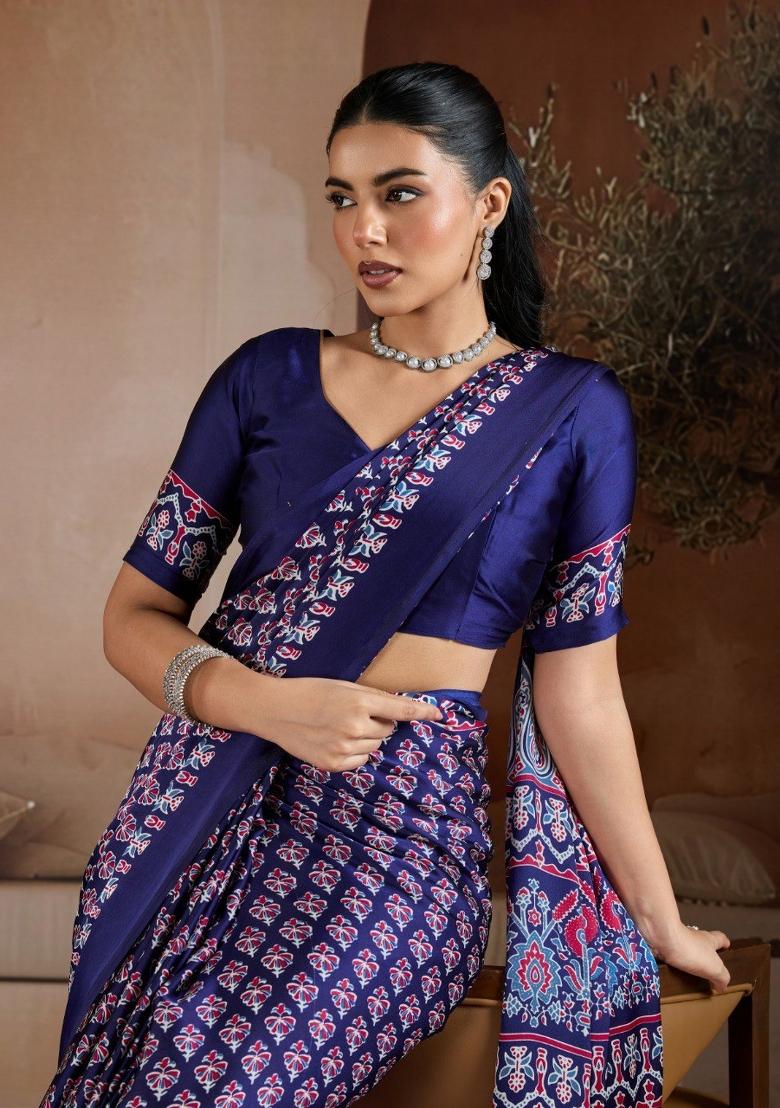 Navy Blue Printed Georgette Saree Set - Indya