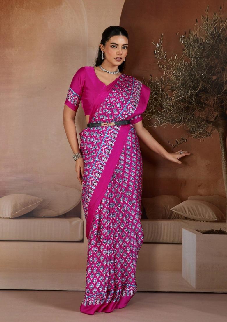 Pink Printed Georgette Saree Set - Indya