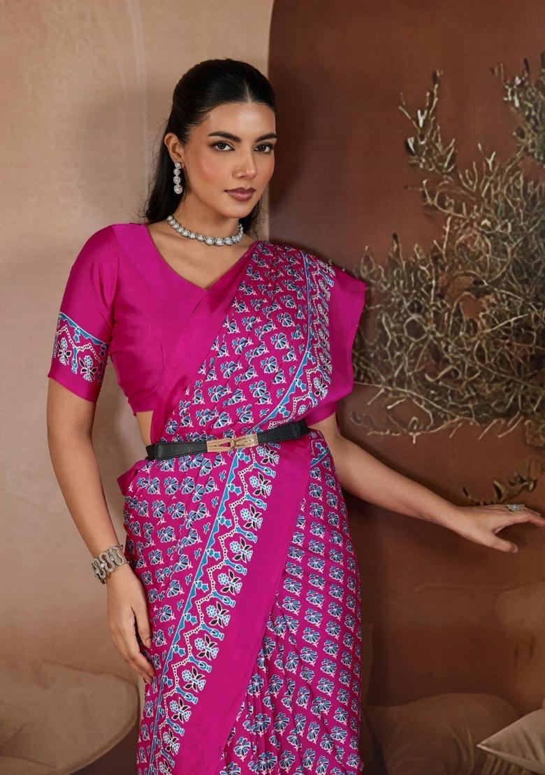 Pink Printed Georgette Saree Set - Indya