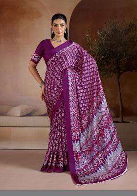 Wine Printed Georgette Saree Set