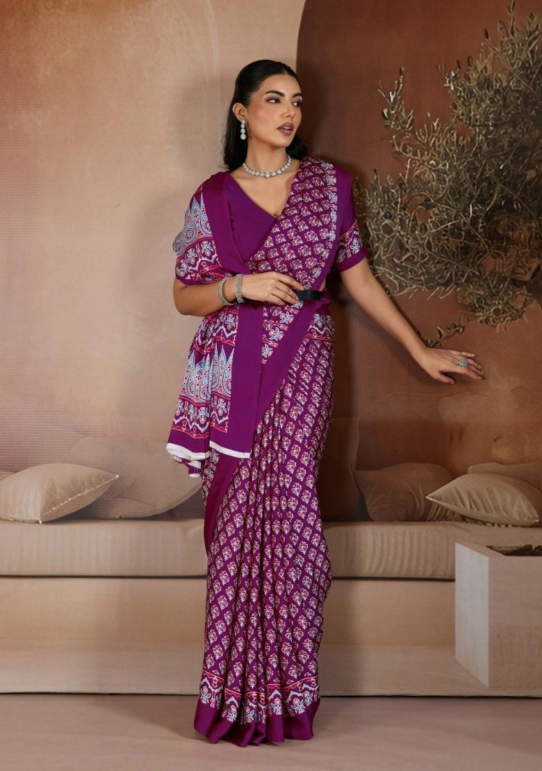 Wine Printed Georgette Saree Set - Indya
