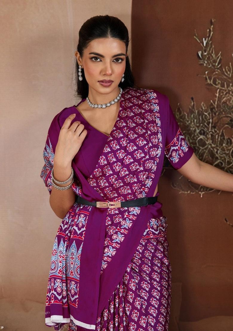 Wine Printed Georgette Saree Set - Indya