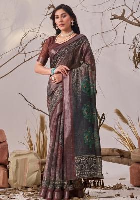 Brown Printed Linen Cotton Saree Set